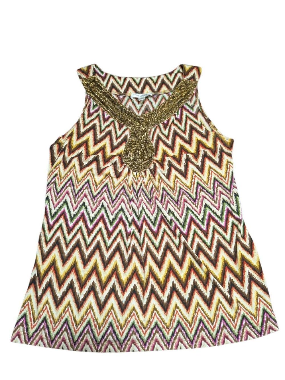 Dress Barn Multicolored Sleeveless Tunic top Zigzag Chevron Pattern Beaded Embel